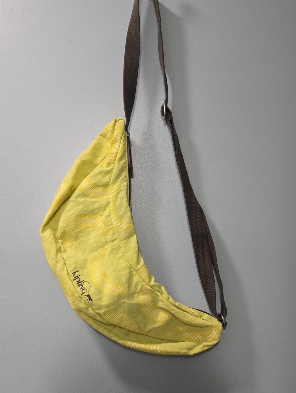 Kipling Bright Yellow Banana Shape Crossbody Sling with Brown Strap